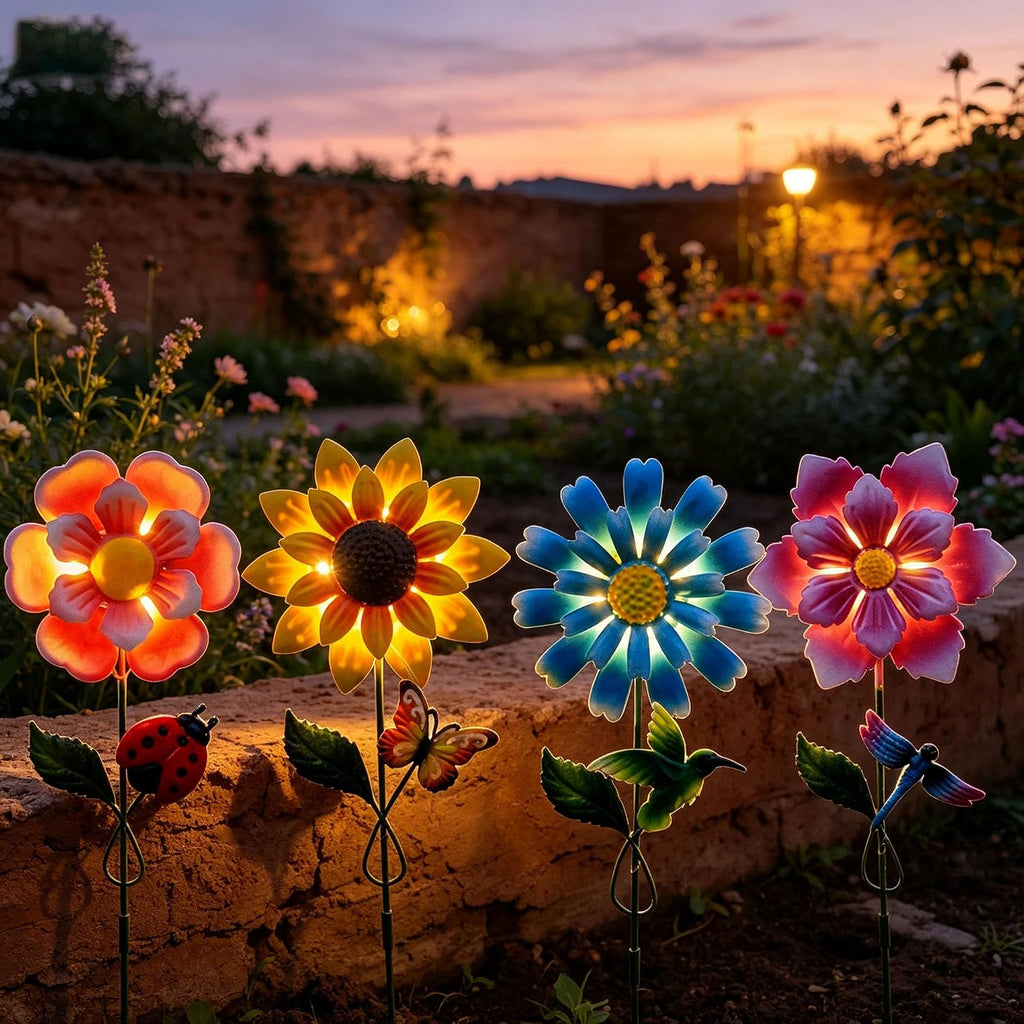 Solar Garden Stakes Lights for Outdoor Decor, 4 Pack Waterproof Metal Art Stick Flowers, Light for Outside Garden Patio