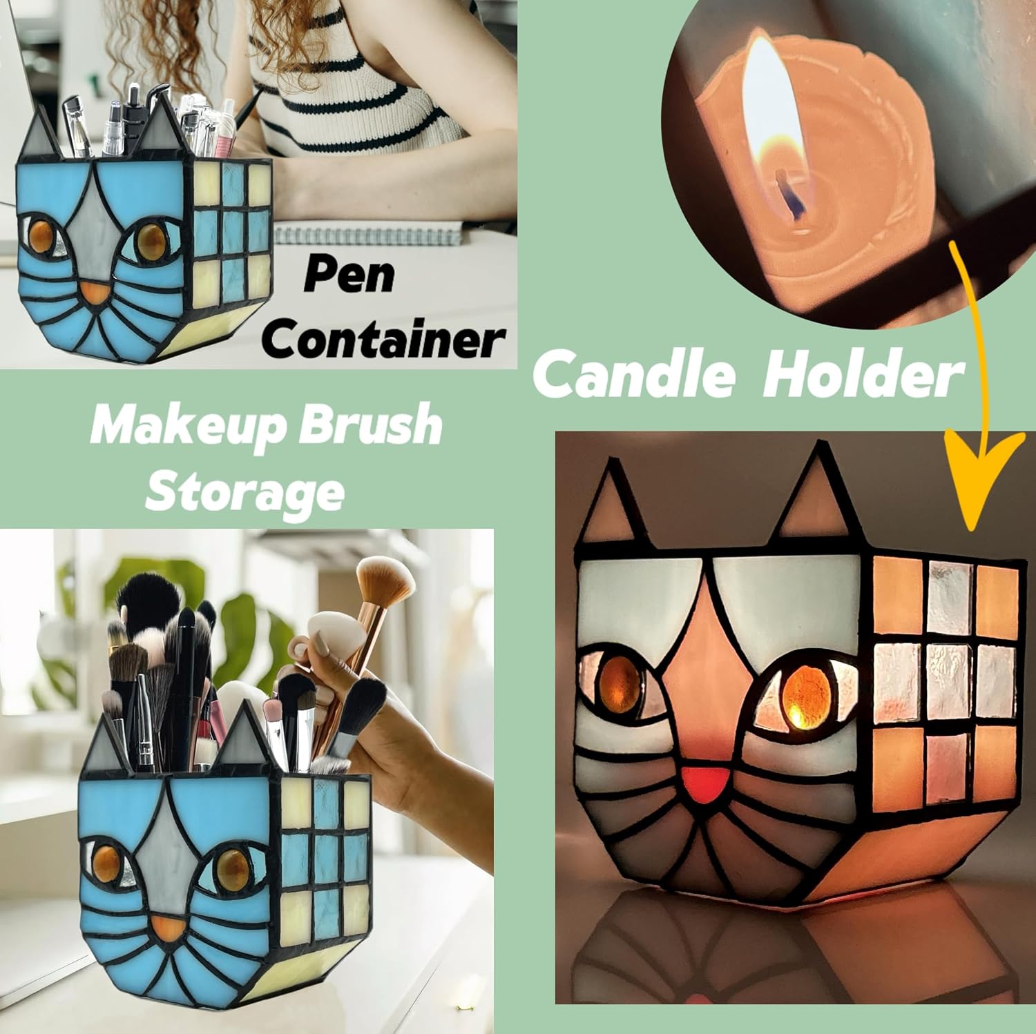 Stained Glass Blue Cat Planter,Plant pots with Drainage Holes, Plant Flower Pot for Houseplants and Succulents,Cute