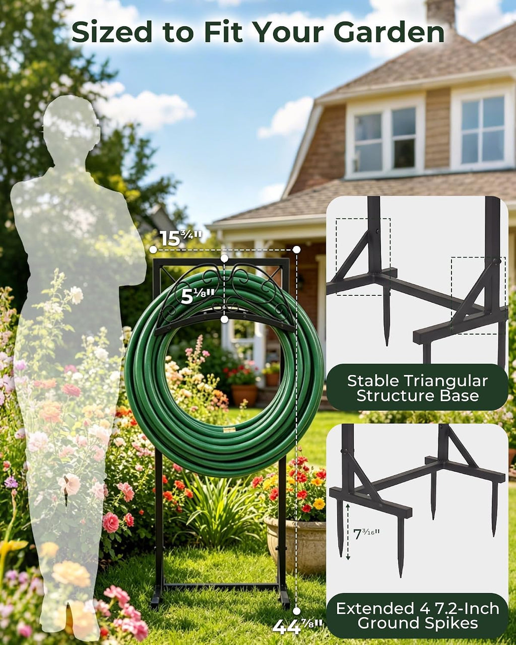 Garden Hose Holder Stand, Heavy Duty Freestanding Metal Rack | Reinforced Triangle Support, Dual Ground Stakes &