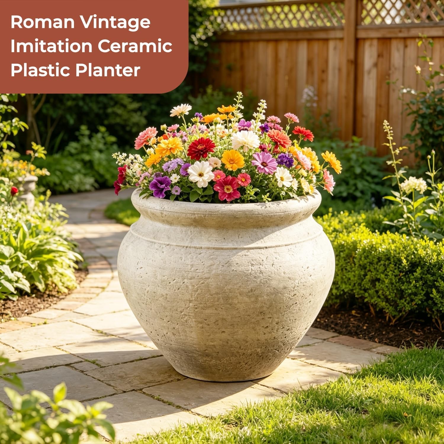 16 Inch Tall Round Planter Pot, 18.5" Dia Lightweight Plastic Planter | Removable Insert, Drainage Hole & Plug