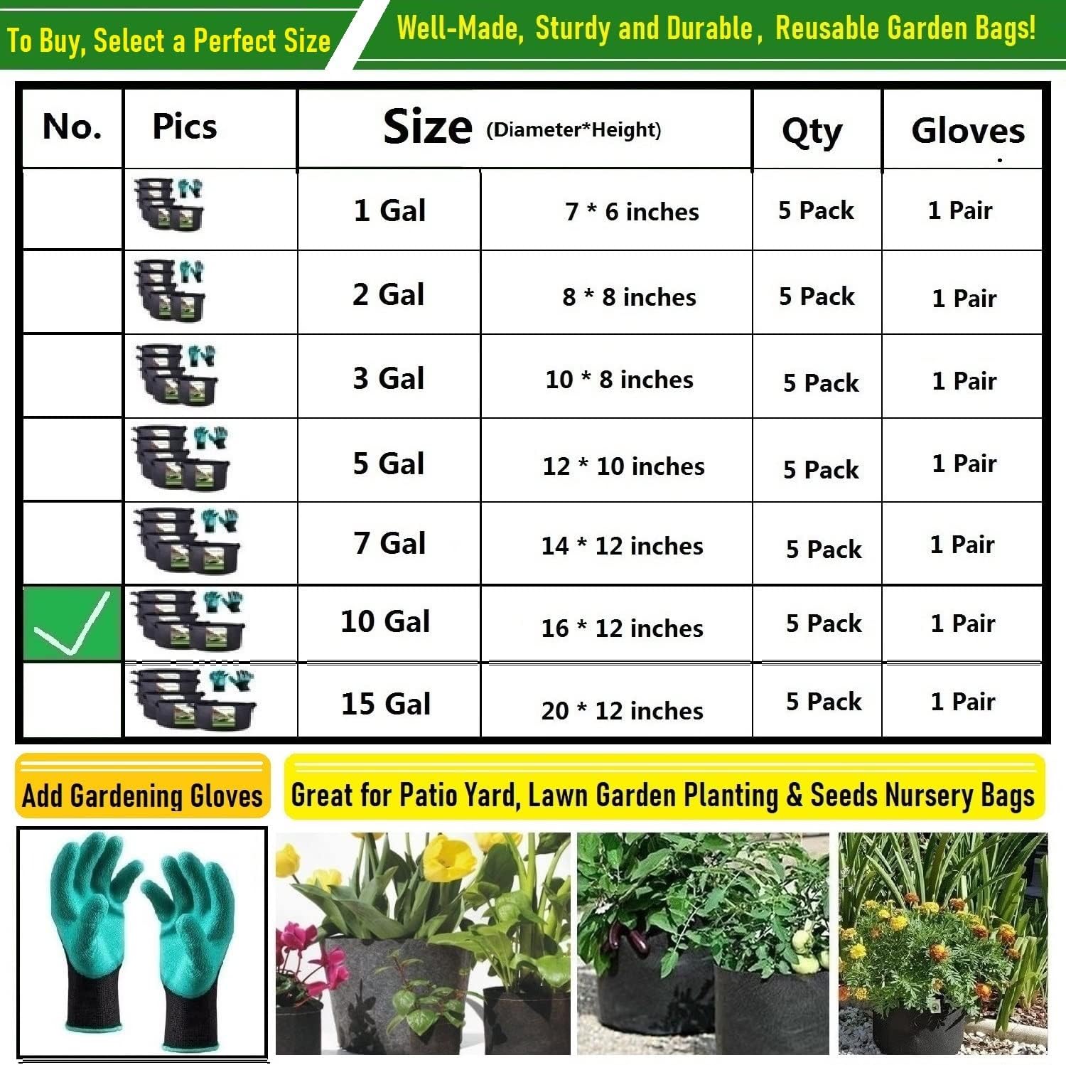5-Pack 10 Gallon Thickened Plant Grow Bags (16x12 in) Fabric Plant Pots for Tomato,Potato Planters,Herbs Veggies