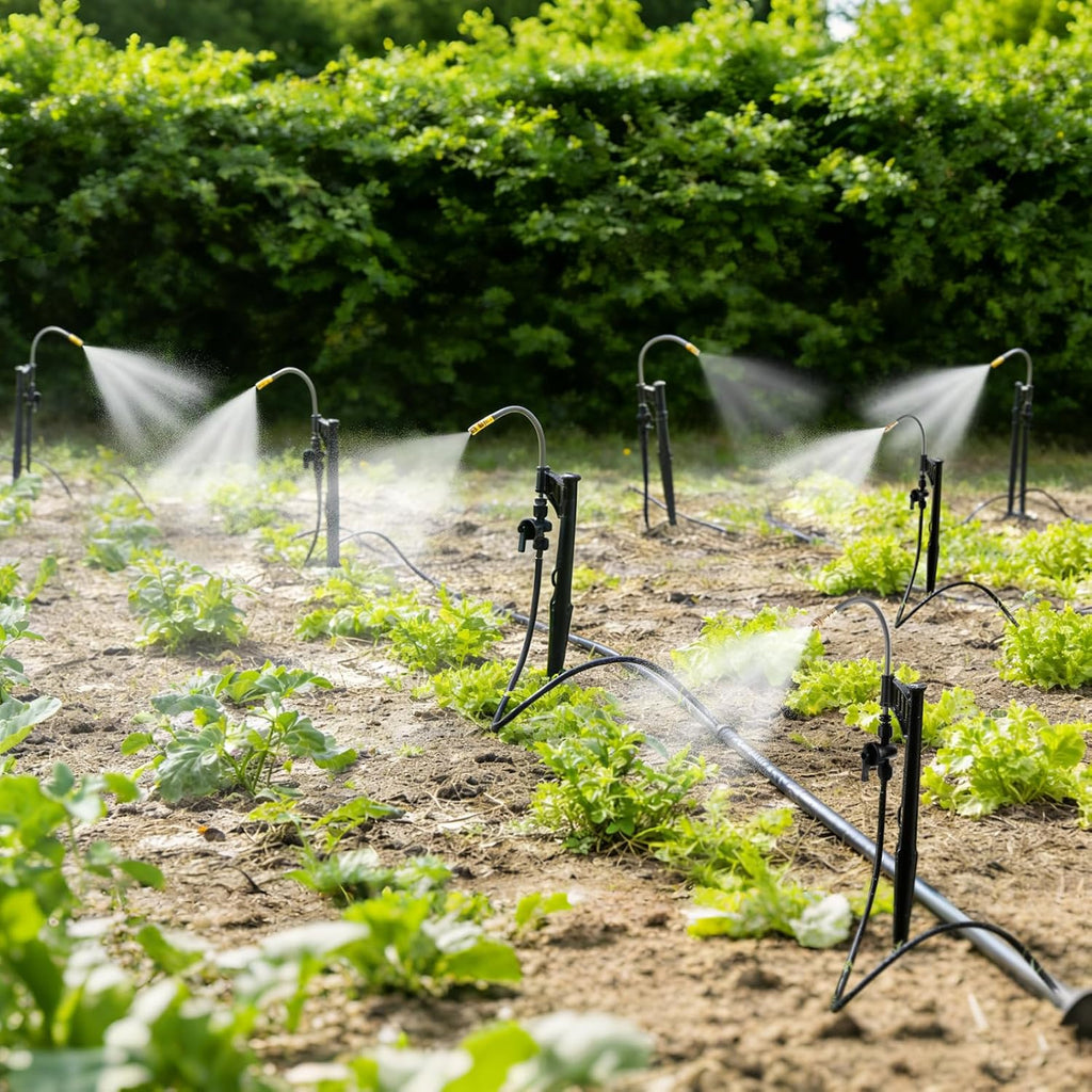 15 Sets 360° Adjustable Irrigation Misting Heads with Stake | Micro Spray Emitters with 1/4" Irrigation Tubing on Riser
