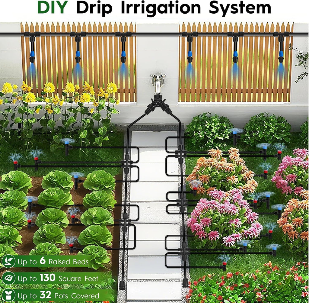 200FT Quick-Connect Drip Irrigation System, Automatic Irrigation Kit with 40FT 2/5" & 160FT 1/4" Tubing and Adjustable