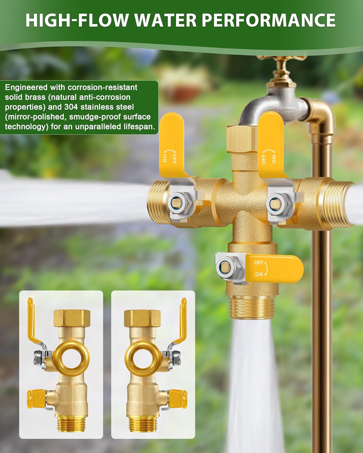 Garden Hose Splitter, 3 Way Heavy Duty Brass hose splitter, Water Hose Bib Spigot Splitter with 0.59" Full Flow Ball