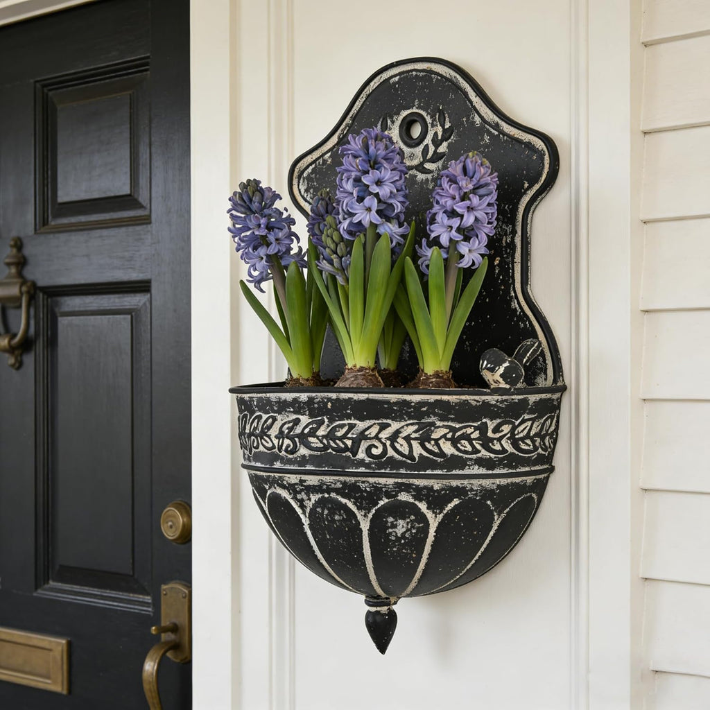 Vintage Distressed Black Metal Wall Planter, Rustic Hanging Pocket Planter with Scrollwork & Scalloped Design