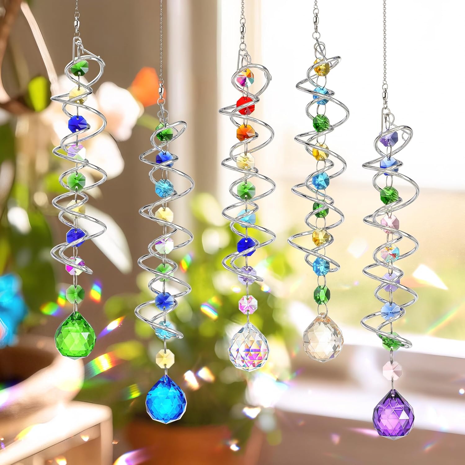 5 Pack Crystal Suncatcher Gazing Ball Spiral Wind Spinner Garden Decor | Crystal Sun Catcher Wind Spinner with Spiral