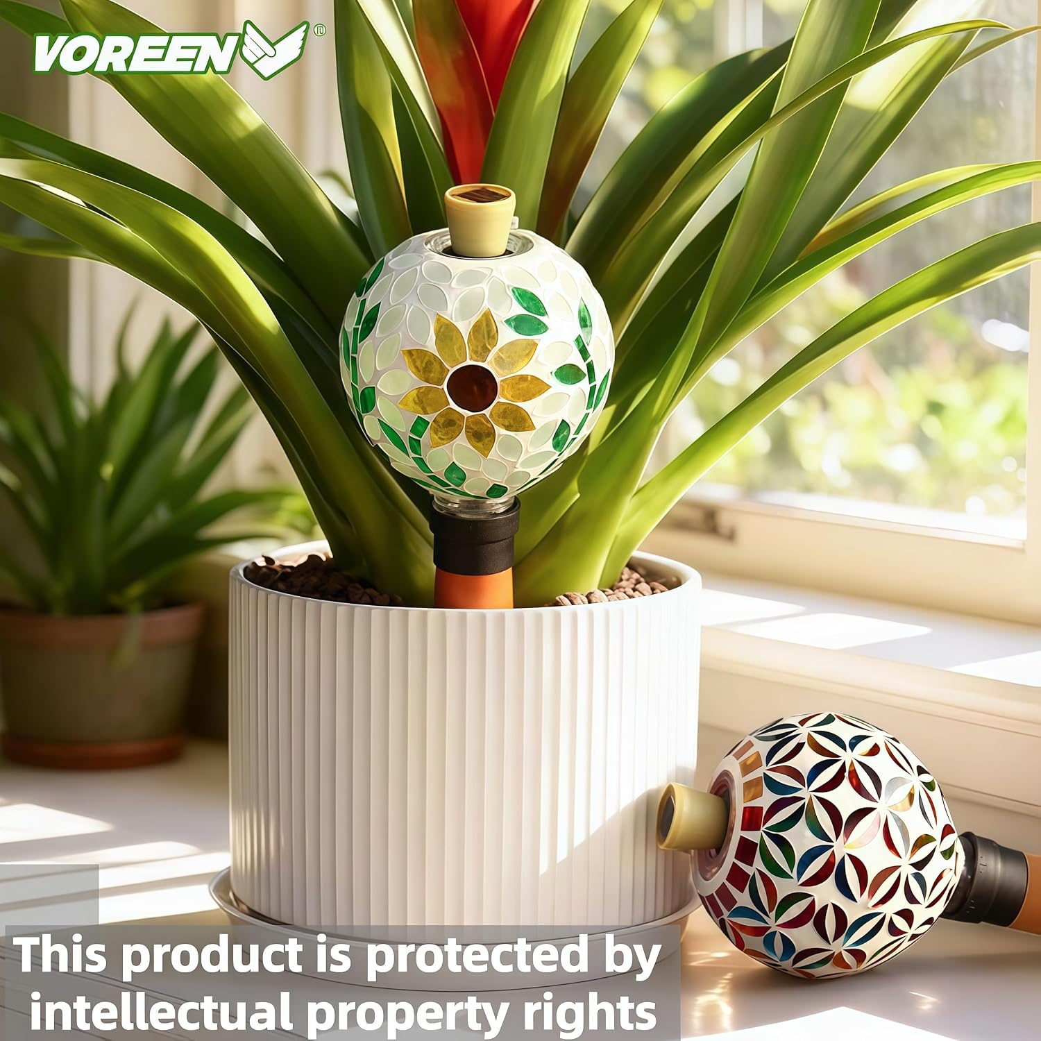 VOREEN Mosaic Plant Watering Globe with Terracotta Spike,Self-Watering Irrigation for Potted Plants,Sunflower-Inspired