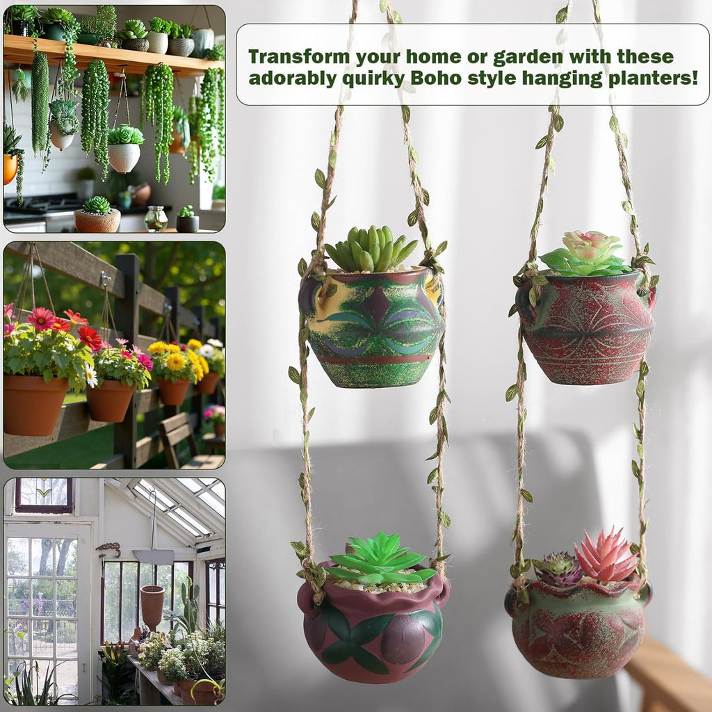 4 Piece Boho Ceramic Hanging Planters with Drainage Holes – Adorable Indoor Outdoor Succulent Flower Pots, Unique Home