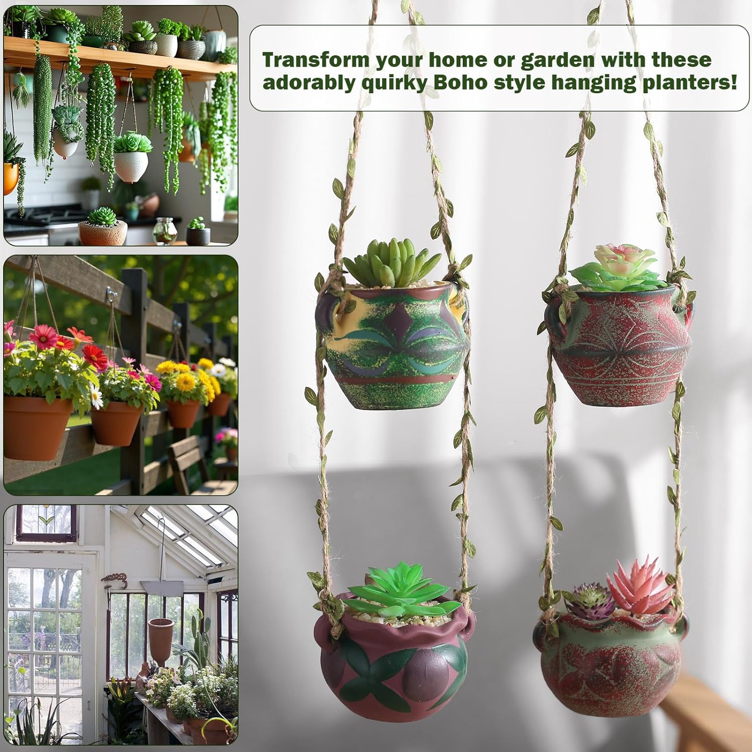 4 Piece Boho Ceramic Hanging Planters with Drainage Holes – Adorable Indoor Outdoor Succulent Flower Pots, Unique Home