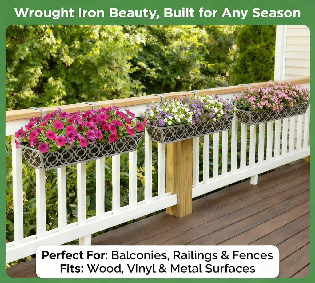 Y&M 30'' Hanging Railing Planter Box Set with Black Non-Woven Fabric Liner, 2 Pcs Large Metal Flower Boxes with
