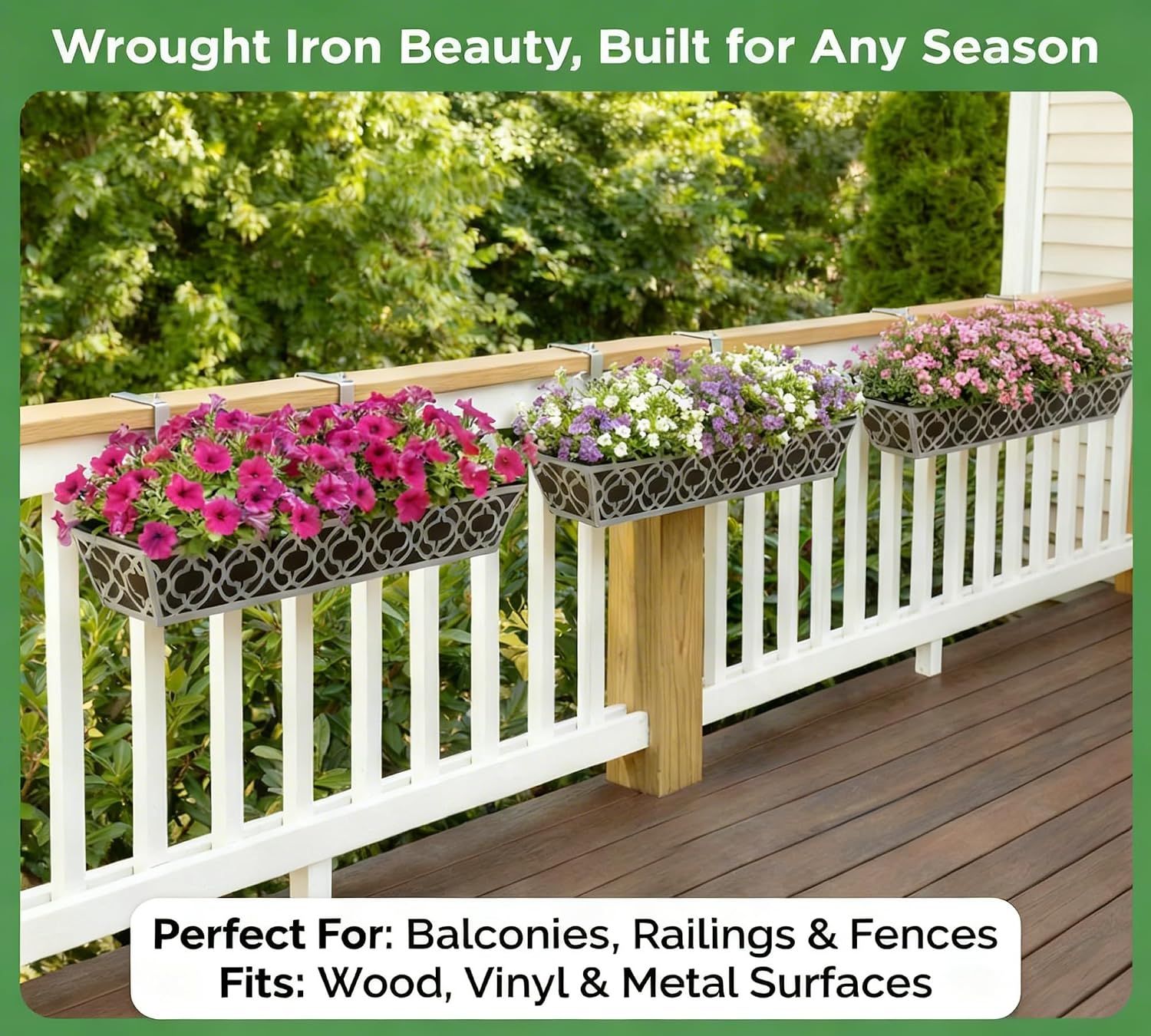 Y&M 30'' Hanging Railing Planter Box Set with Black Non-Woven Fabric Liner, 2 Pcs Large Metal Flower Boxes with