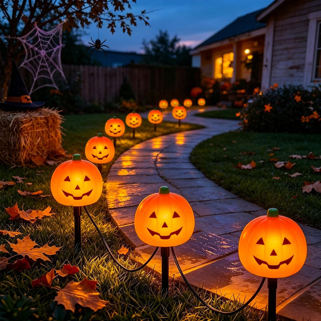 Halloween Pumpkin Pathway Lights 7FT, 4 Pack Jack O Lantern Stakes C7 LED