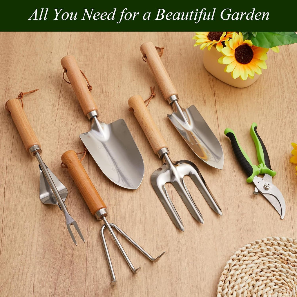 VerdantVibes Gardening Tools Set - 10 Piece Stainless Steel Garden Tools with Wood Handle, Pruners & Romantic Pink
