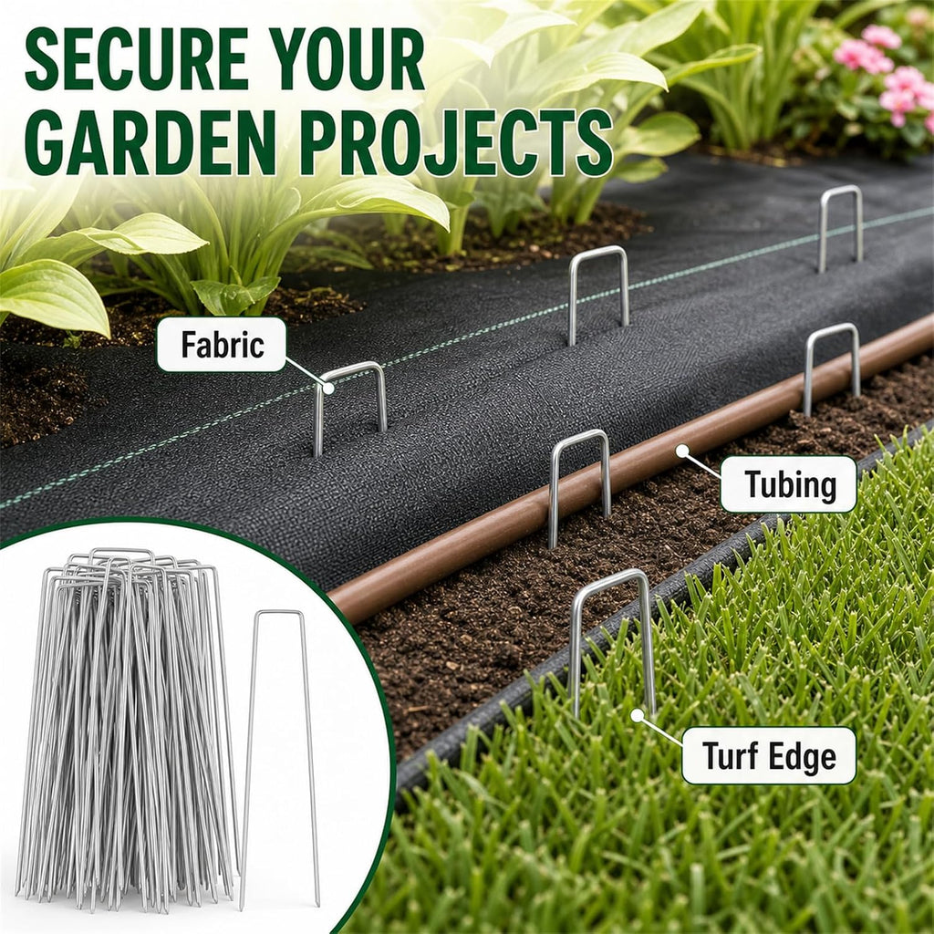 200 Pack 8 Inch Landscape Staples, Weed Barrier Stakes, 11 Gauge Galvanized | Tapered U-Shaped Stakes Secure Weed