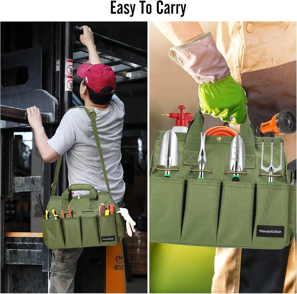 Housolution 14Inch Garden Tote Bag, 900D Standable, Dark green | Garden Tote Storage Bag with Pockets&Long Adjustable