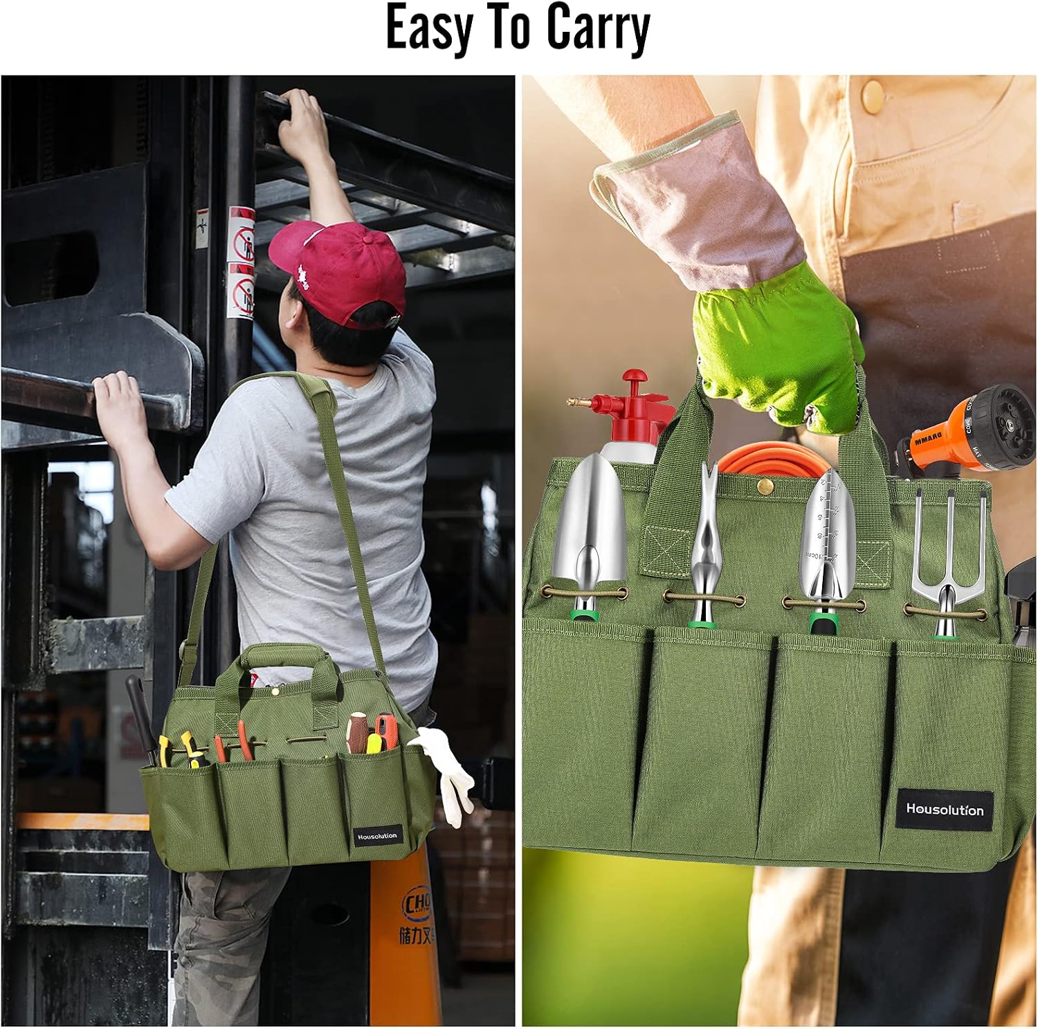 Housolution 14Inch Garden Tote Bag, 900D Standable, Dark green | Garden Tote Storage Bag with Pockets&Long Adjustable