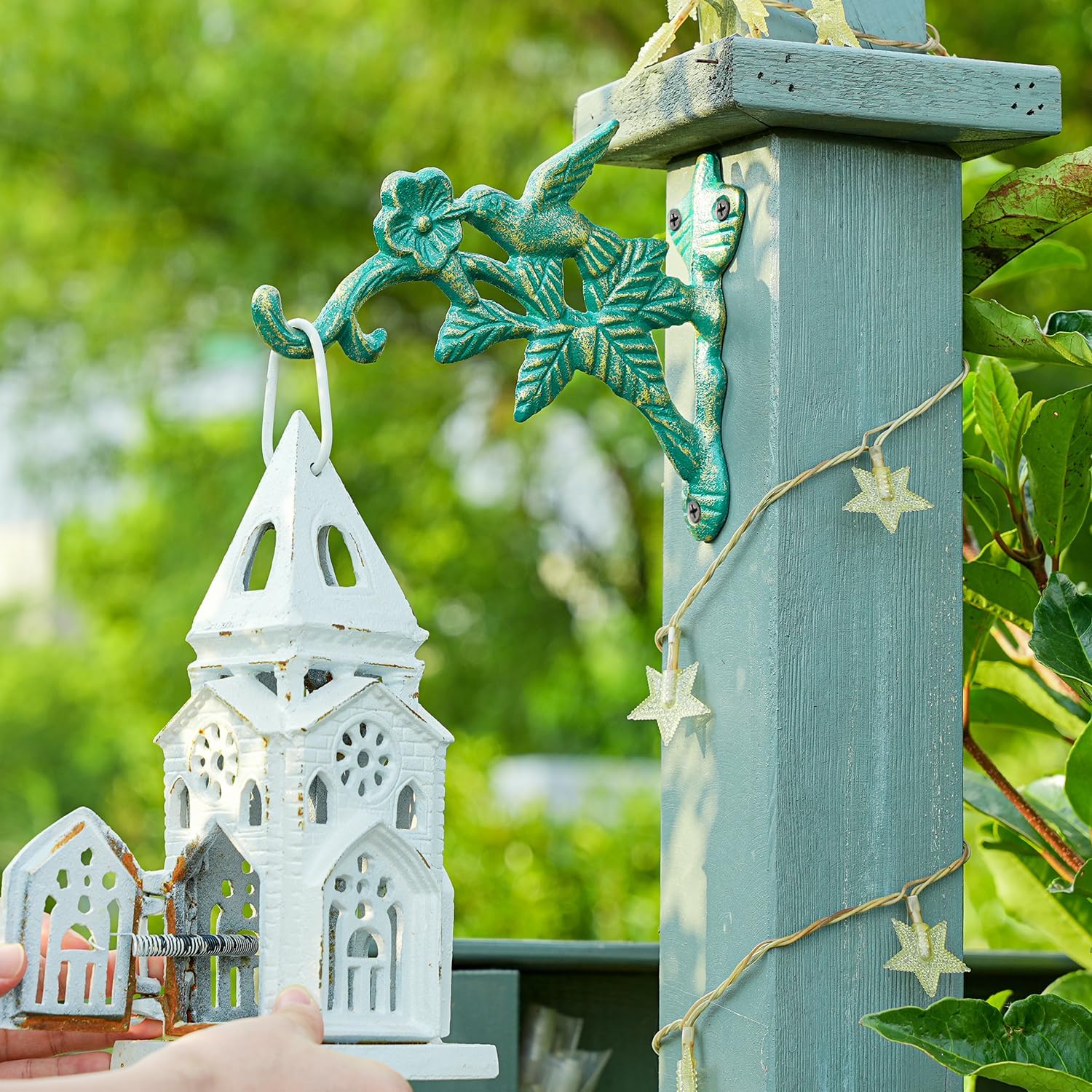 Sungmor Cast Iron Hanging Plant Brackets, 7.2 Inches Long 2 Pack Green | Wall Mounted Flower Pot Hooks, Outdoor Bird