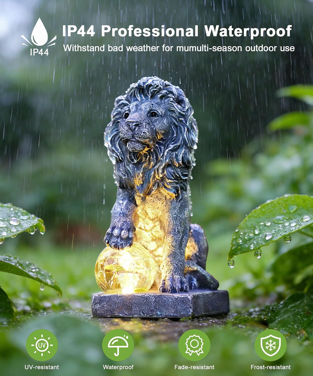 Guardian Lion Outdoor Statues for Garden with Solar Ball (Grey) | 9.45in IP65 Waterproof,Outside Decor, Yard Art Lawn