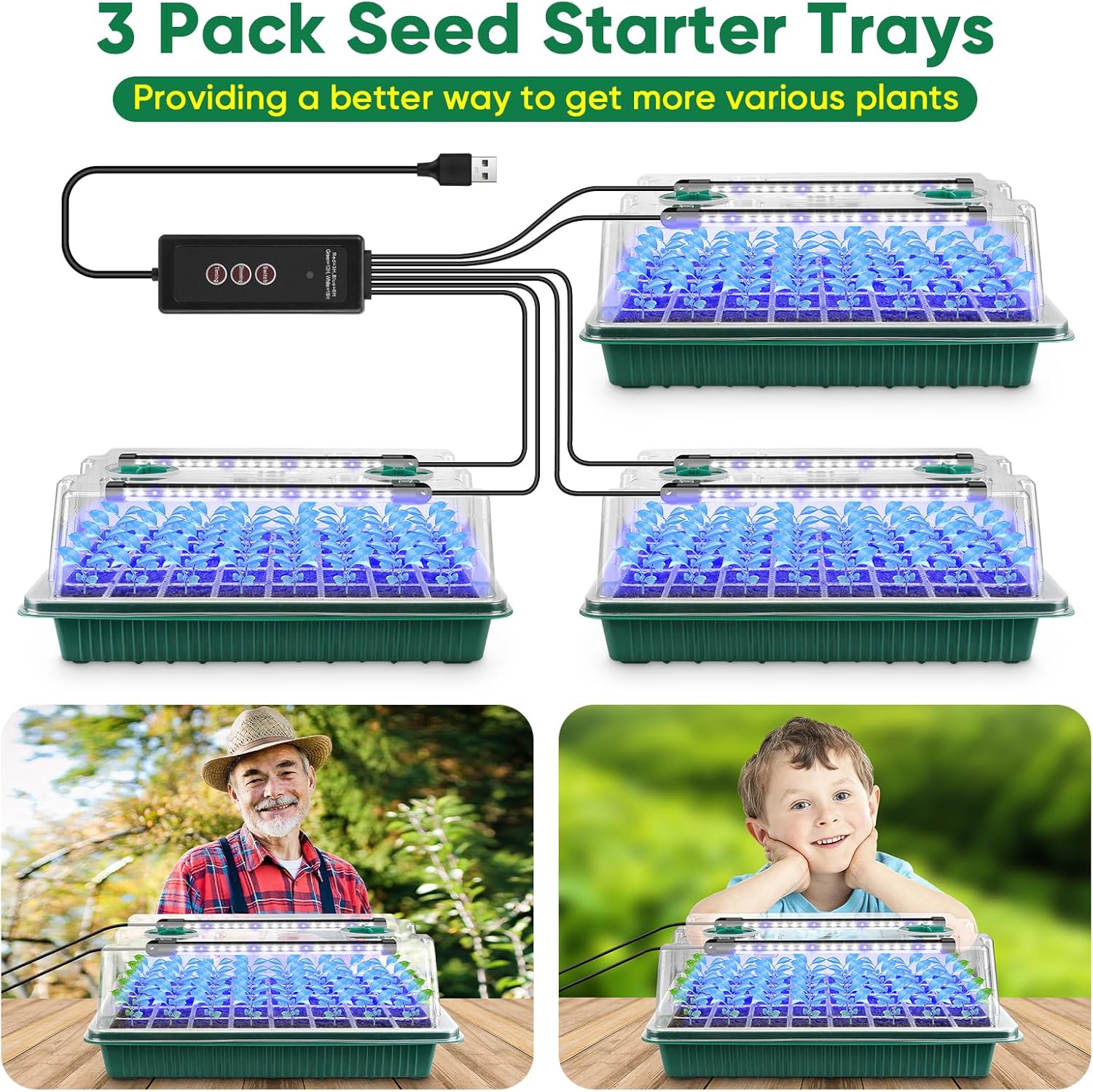 Seed Starter Tray with Grow Light, Humidity Dome, 3 Pack 120 Cells | Seedling Tray Kit with Vented Dome & Drainage