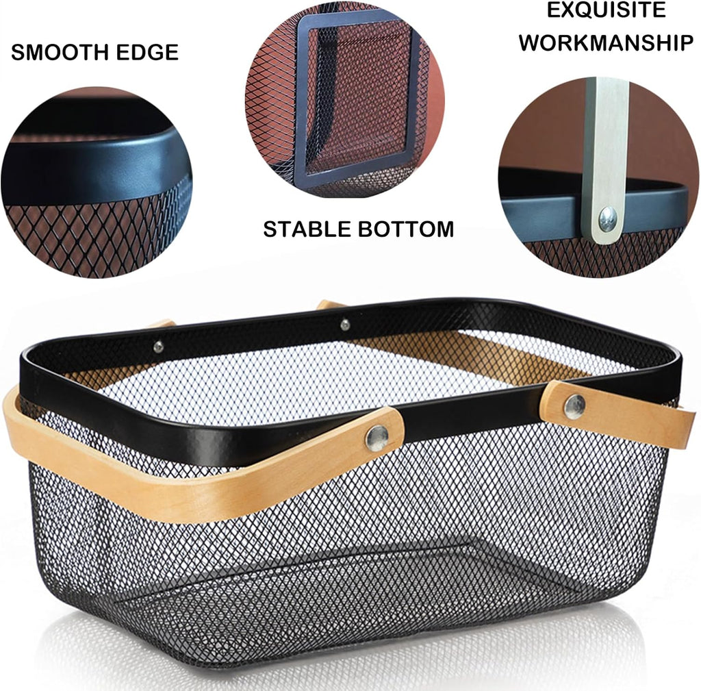 Cheardia 2 Pack Picnic Baskets, Metal Mesh Harvest Basket with Foldable Wooden Handle, Rectangle Garden Storage Basket