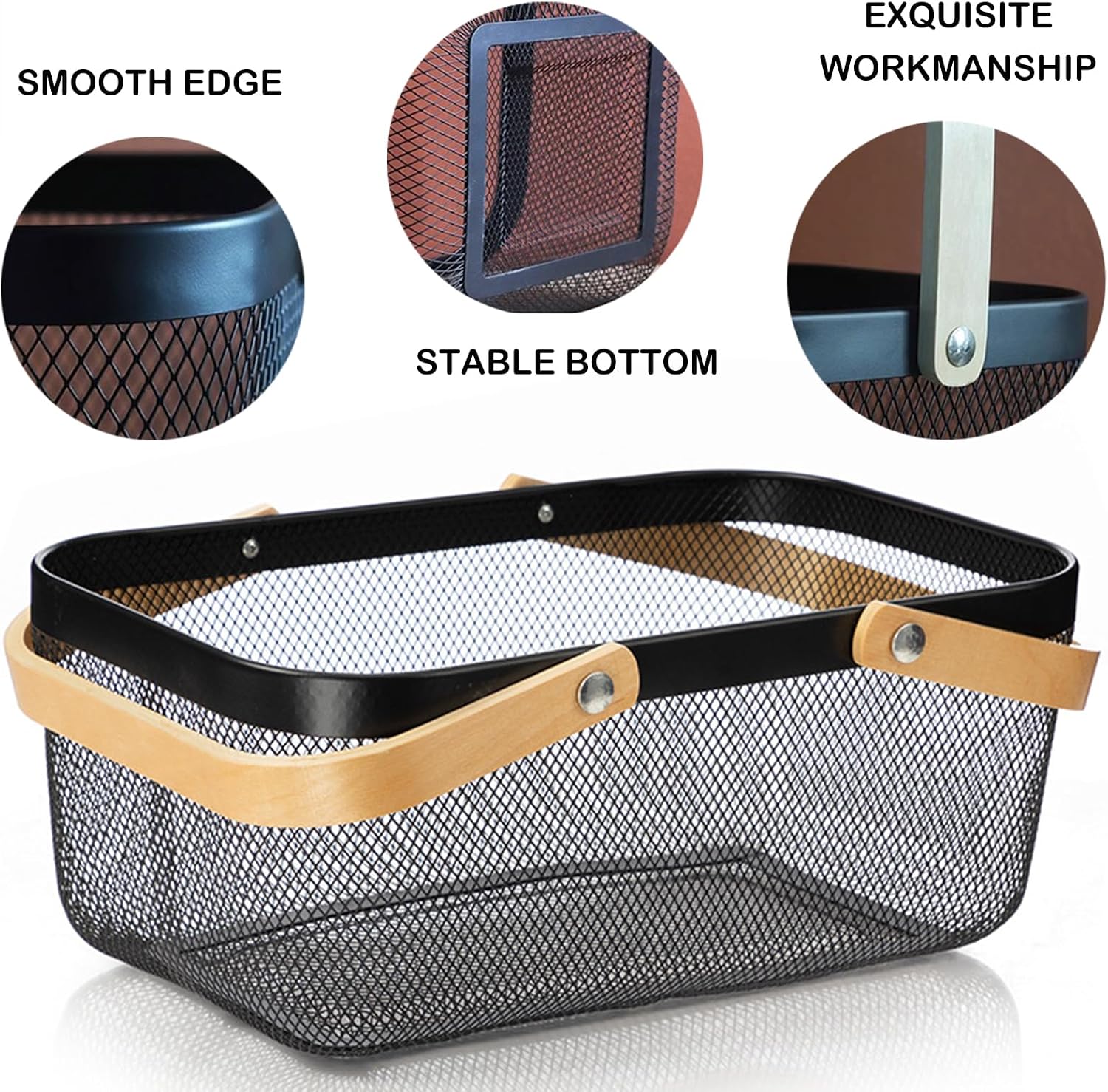 Cheardia 2 Pack Picnic Baskets, Metal Mesh Harvest Basket with Foldable Wooden Handle, Rectangle Garden Storage Basket