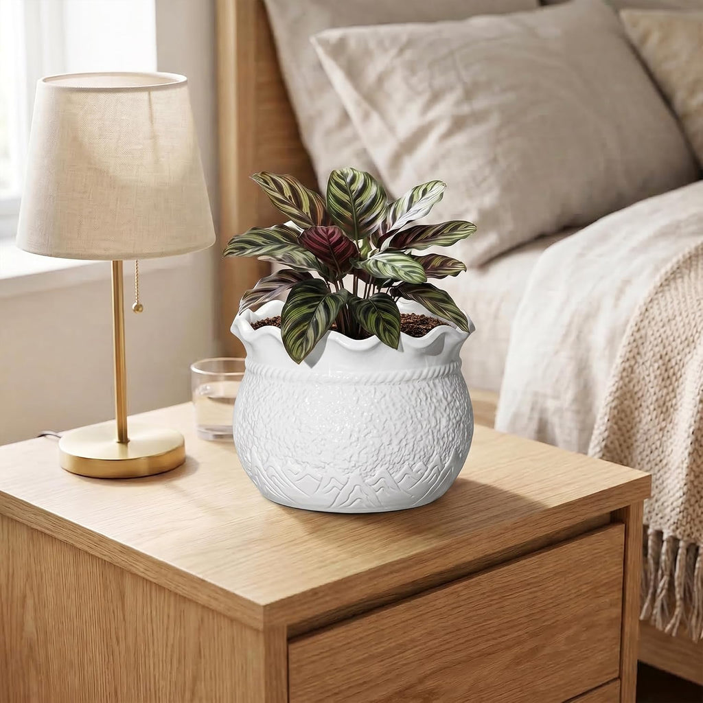 Ceramic Flower Pots, 6 Inch Plant Pot for Indoor Plants, White | Decorative Pots for Plants with Drainage Hole, Unique