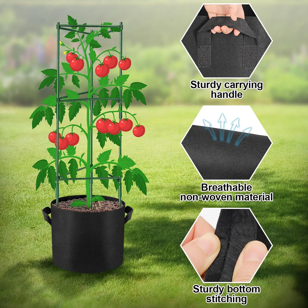 4 Pack 48 Inch Tomato Cages with 10 Gallon Grow Bags for Plant Support | Garden Trellis and Grow Bag Set for Tomatoes