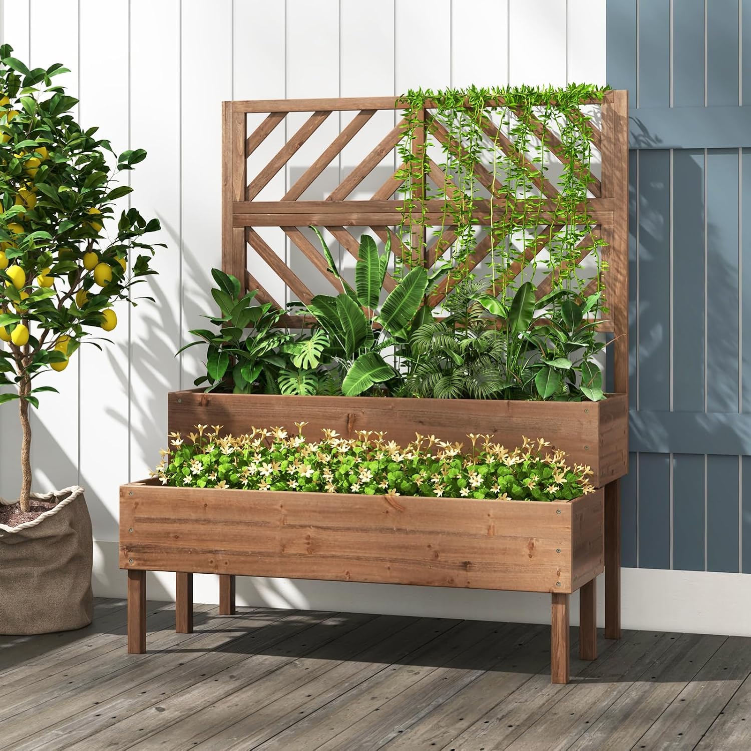 Raised Garden Bed with Trellis & 2 Planter Boxes, 2-Tier Outdoor Wooden Elevated Planter Box with Legs & Drainage