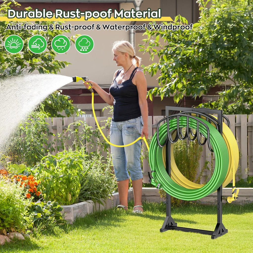 Garden Water Hose Holder Holds 2 * 150Ft Hoses, Heavy-Duty Metal Freestanding Hose Holder with 4 Spikes, Rustproof