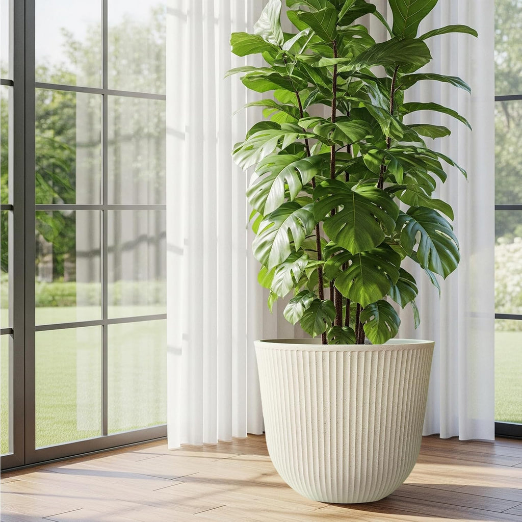 Worth Garden Round Large Planter Pot Set of 2-17.5" Dia x 15.5" H - Durable Plastic Beige Plant Tree Pots with Vertical