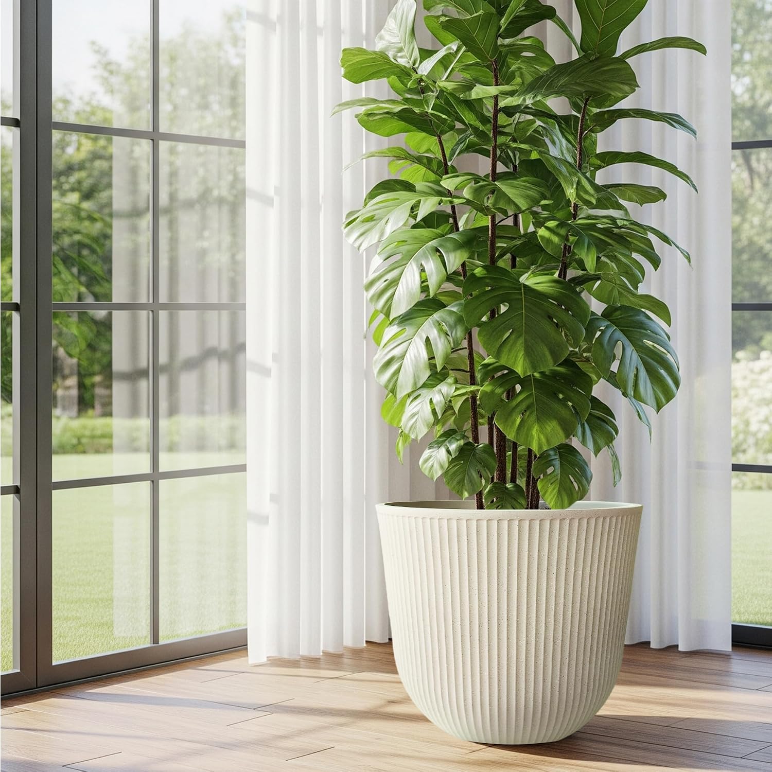 Worth Garden Round Large Planter Pot Set of 2-17.5" Dia x 15.5" H - Durable Plastic Beige Plant Tree Pots with Vertical