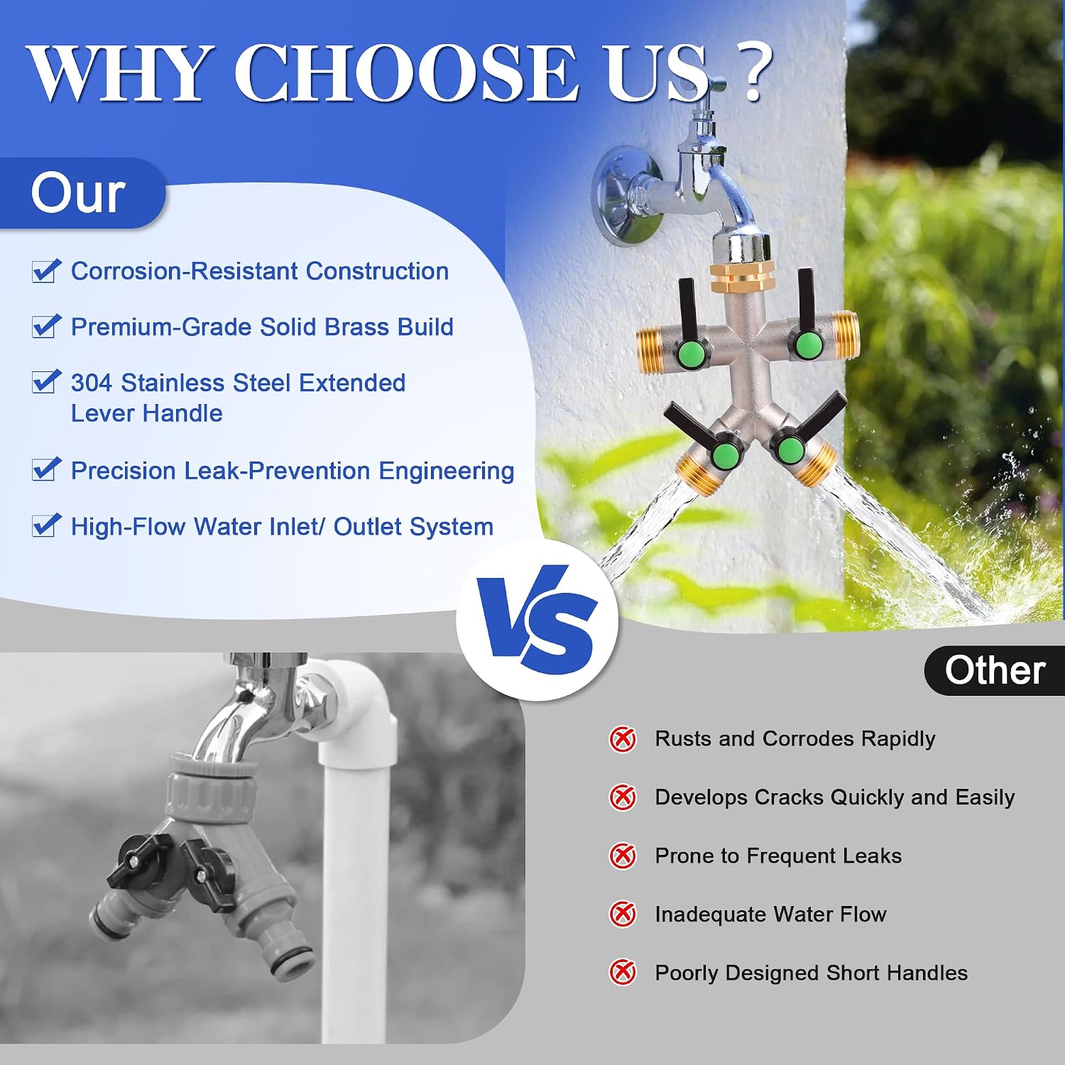EJW Hose Splitter 4 Way, Garden Hose Splitters, Heavy Duty Faucet Splitter,Rv Brass Water Hose Y Splitter, Hose