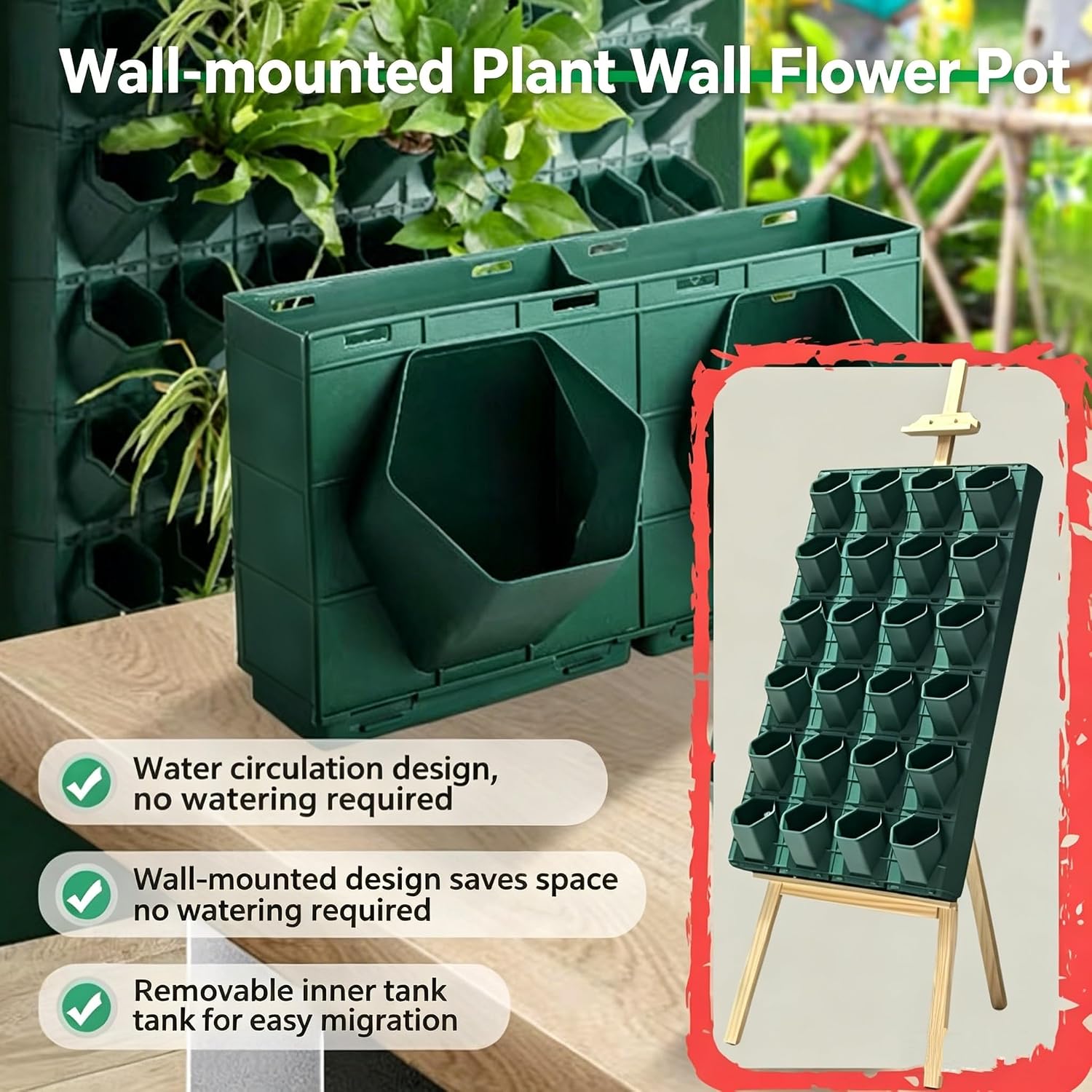 Vertical Wall Planter for Indoor Plants, Living Wall Planter System with 4 Stackable Pots, Wall Mounted Hanging