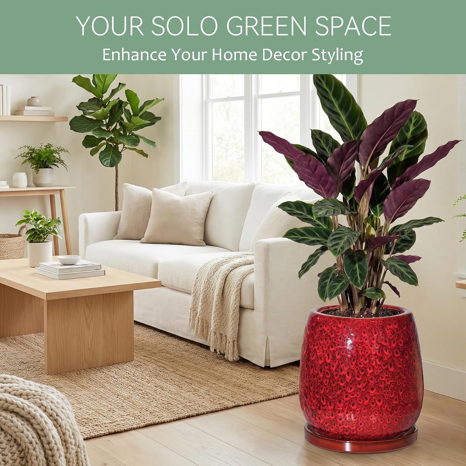10.3 Inch Ceramic Glaze Plant Pot with Saucer, Flower Pots with Drainage Hole Mesh Net (Spot Red)