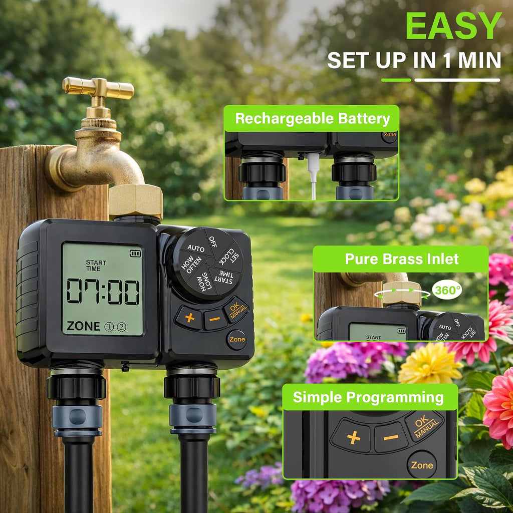 MIXC Rechargeable 2-Zone Water Timer, Full-Body IPX6 Sprinkler Timer - Over One Year Runtime - Save Water & Money, Drip