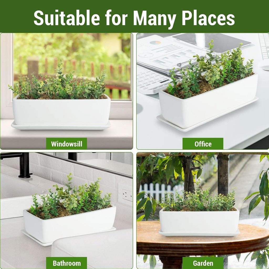 MyGift 14 Inch Unglazed White Ceramic Indoor Plant Pot with Drainage Hole | Rectangular Succulent Planter Window Box