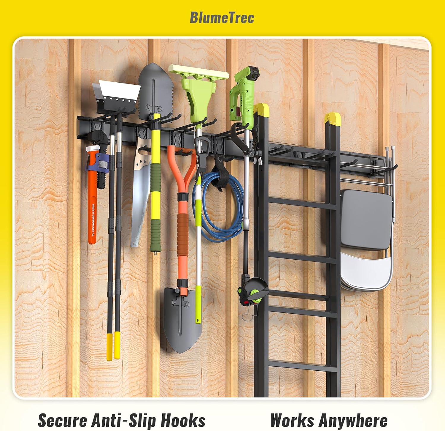 Garage Tool Organizer Wall Mount, 48" Heavy-Duty Metal Wall Organizer, 3 Rails with 6 Adjustable Hooks, Garden Storage