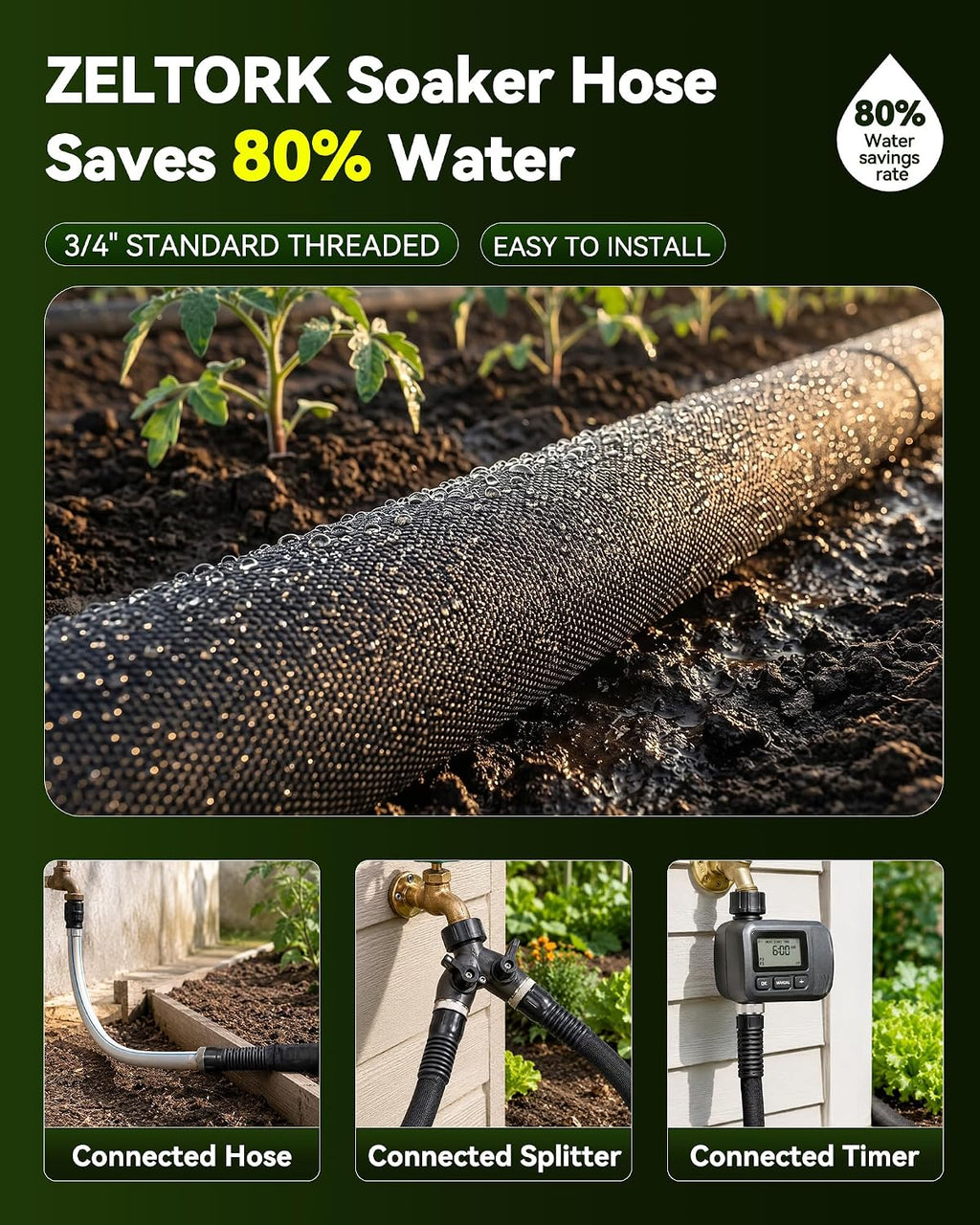 Flat Soaker Hose 50FT for Garden | Anodized Aluminum Connectors, Linkable DIY Drip Hose, Leakproof Double Layer