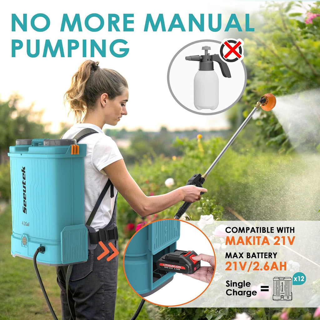 SEEUTEK 4.2 Gallon Battery Powered Backpack Sprayer,Electric Garden Sprayer | 0-100 PSI, Mix Function, Telescopic Wand