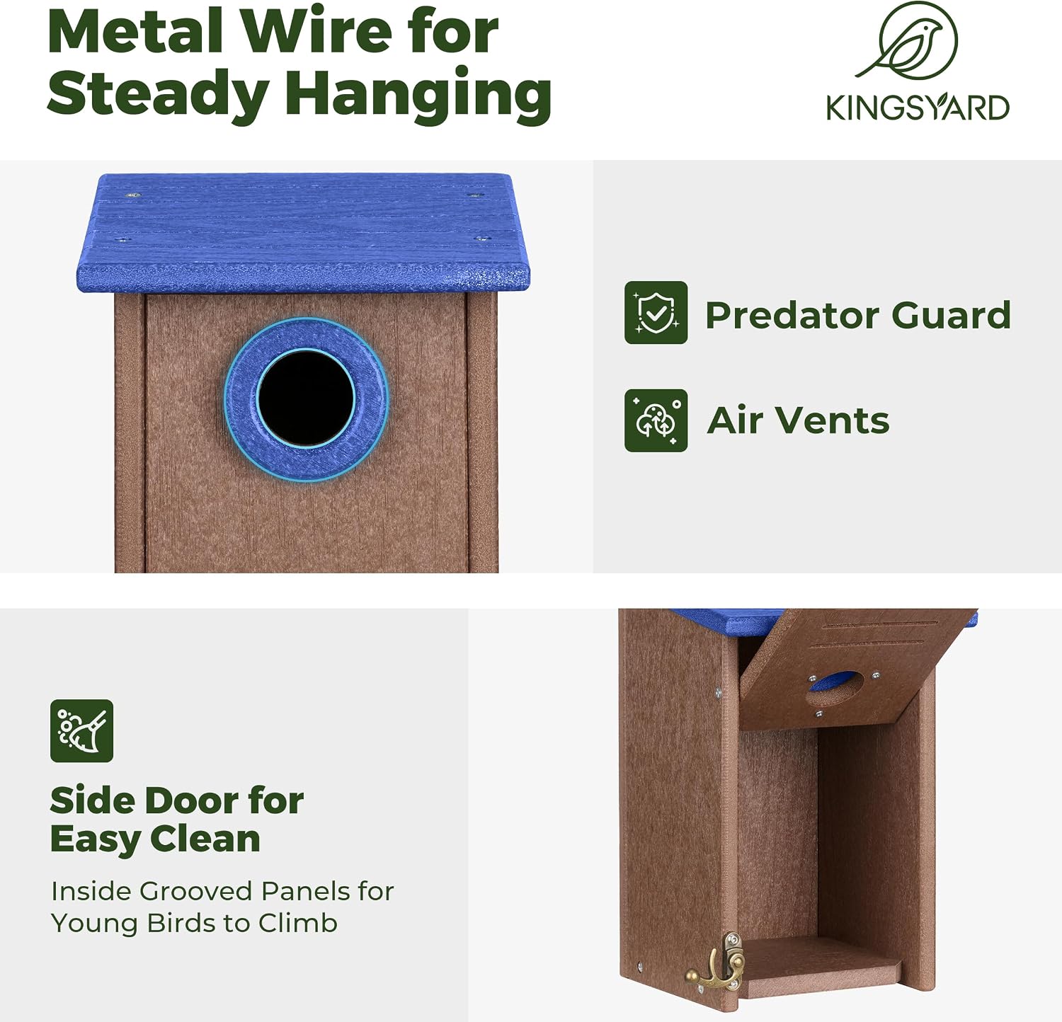 Kingsyard Recycled Plastic Bird House for Outdoors - Weatherproof Wren Bird Nesting with Predator Guard & Air Vents
