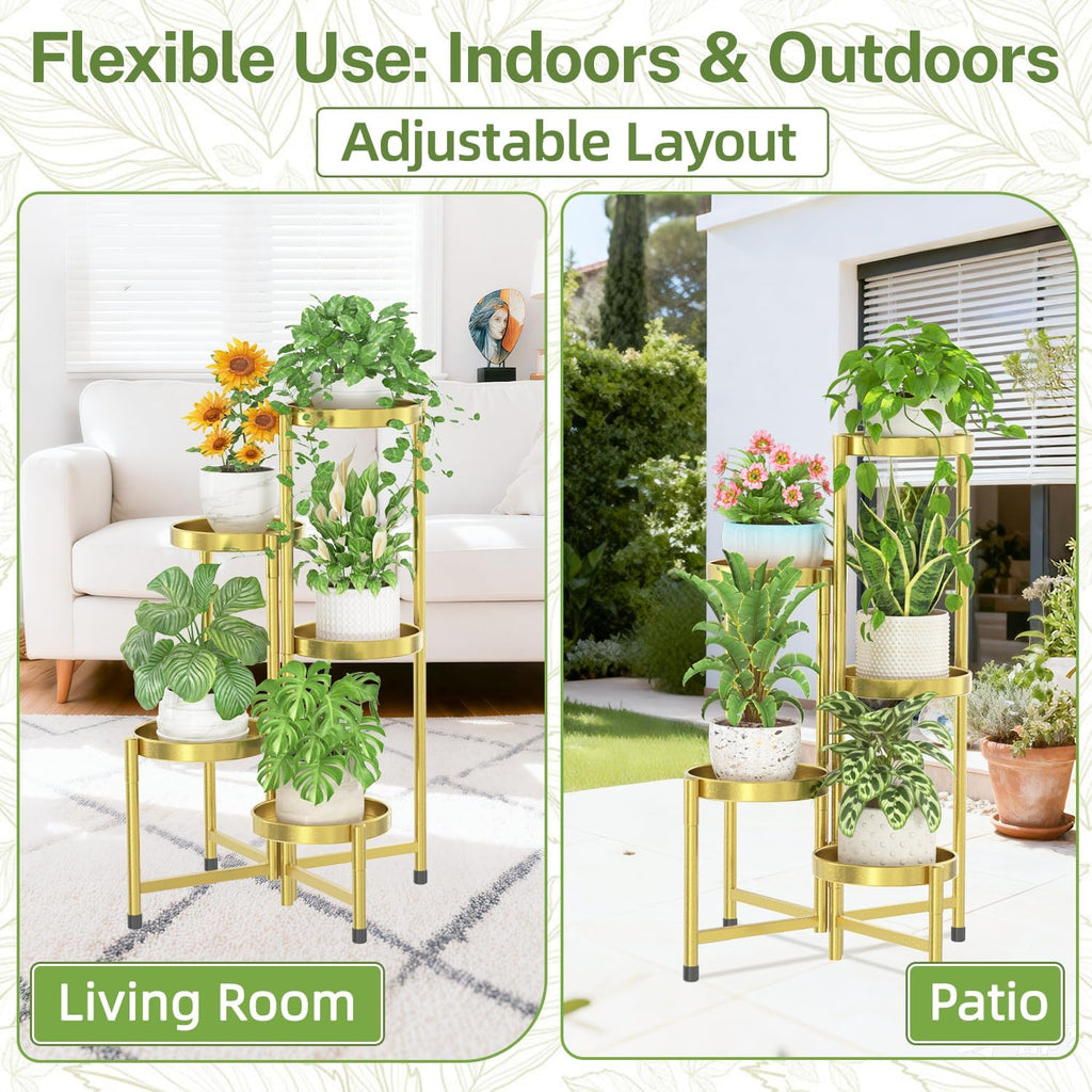 iDavosic.ly Plant Stand Indoor Outdoor, 5 Tier Metal Corner Shelf, Gold | Tiered Flower Display Holder, Folding Multi