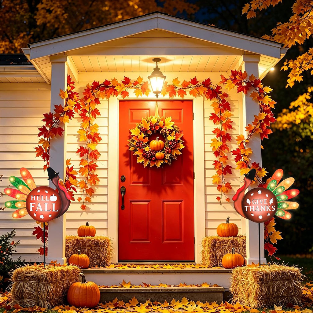 Thanksgiving Turkey Outdoor Decor for Home, 2 Pack | Harvest Fall Outside Decor, Lighted Up Turkey Metal Garden Stakes