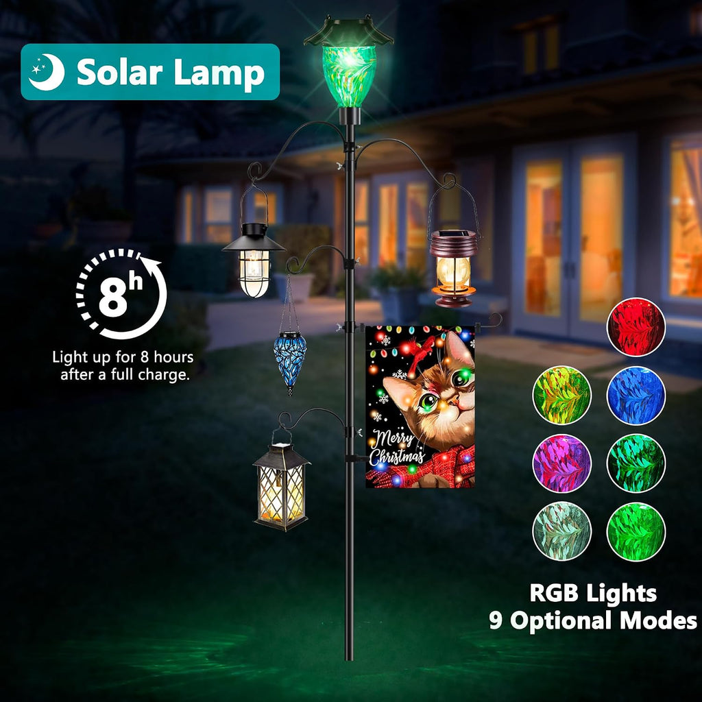 LUJII Solar Shepherds Hooks for Outdoors, Bird Feeder Pole with 4 Adjustable Hangers and 1 Flag Holder, Garden Stand