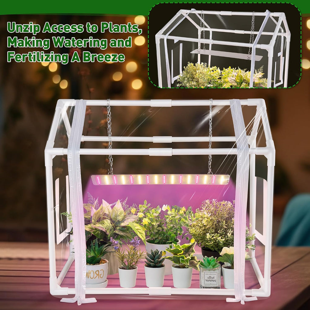 Meonum Mini Greenhouse for Indoor Outdoor, Portable Green House with 15W Plant Dimmable LED Grow Lights, Timer, 3 Light