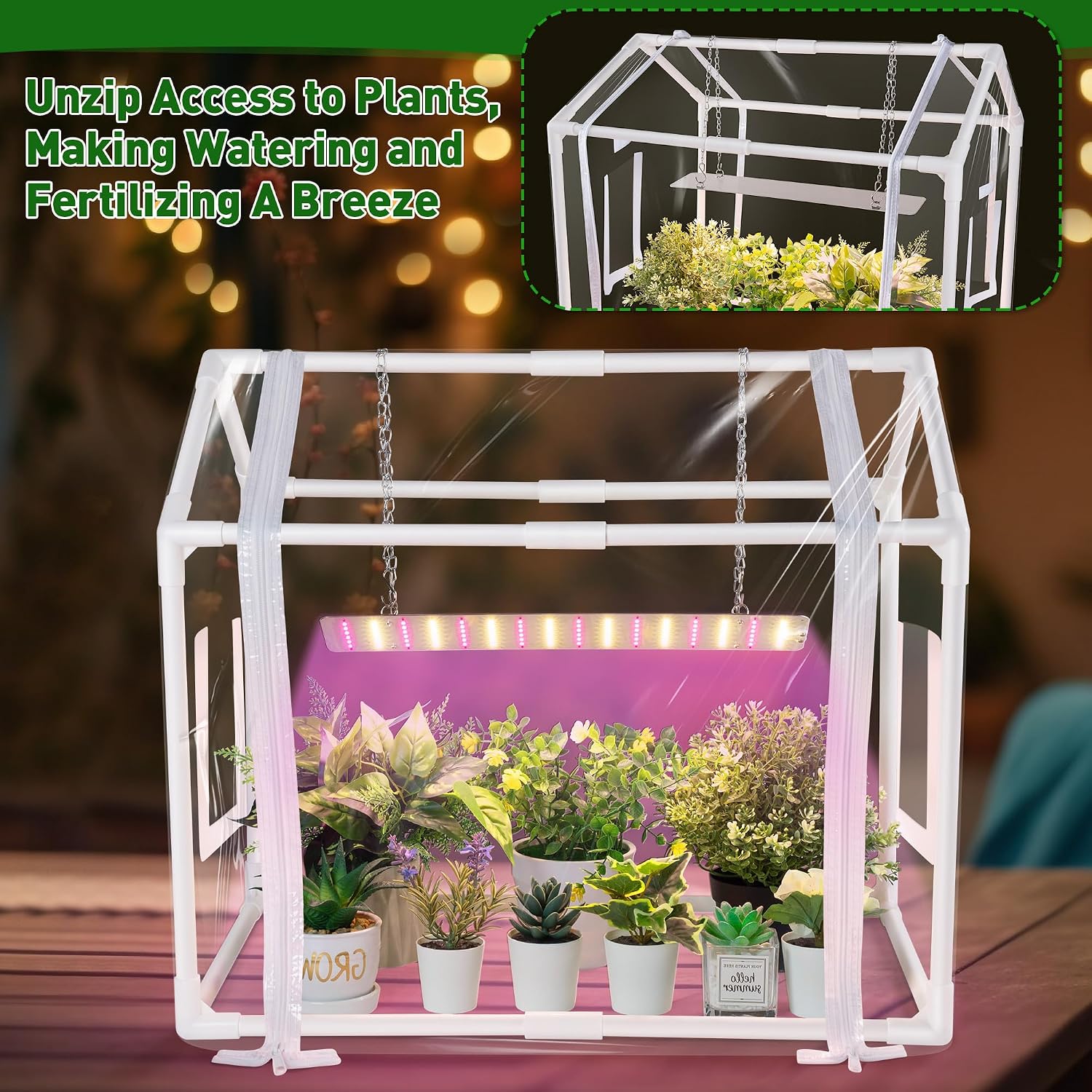 Meonum Mini Greenhouse for Indoor Outdoor, Portable Green House with 15W Plant Dimmable LED Grow Lights, Timer, 3 Light