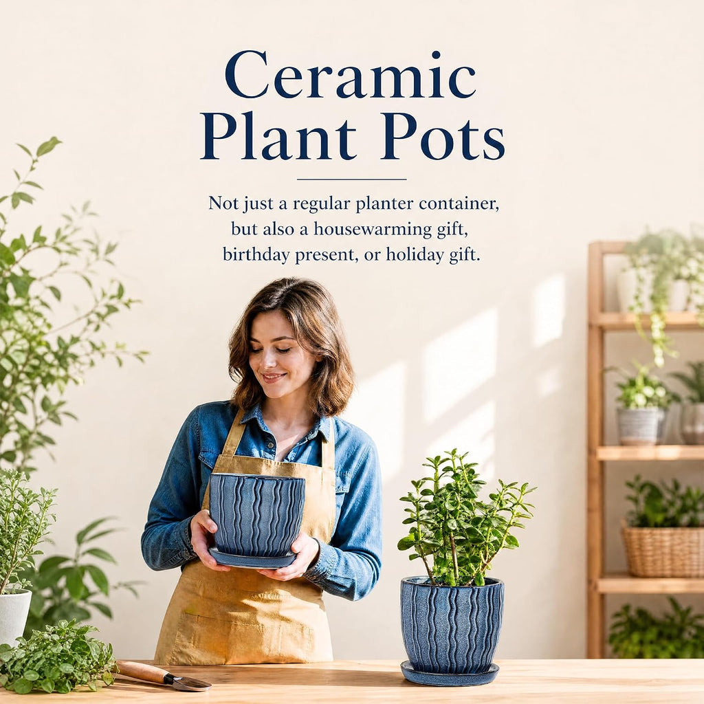 Ceramic Plant Pots, Modern Flower Pots, Small Plant Pots 4.5+5.5inch | Flower Pots Indoor Planters with Drainage and