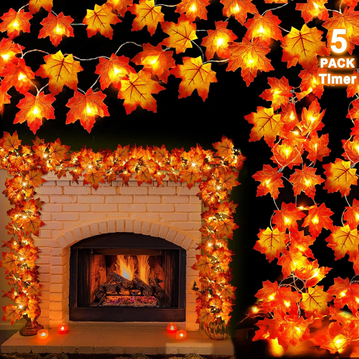 Timer 5 Pack Fall Decor Fall Garland with Lights Total 100LED 50FT