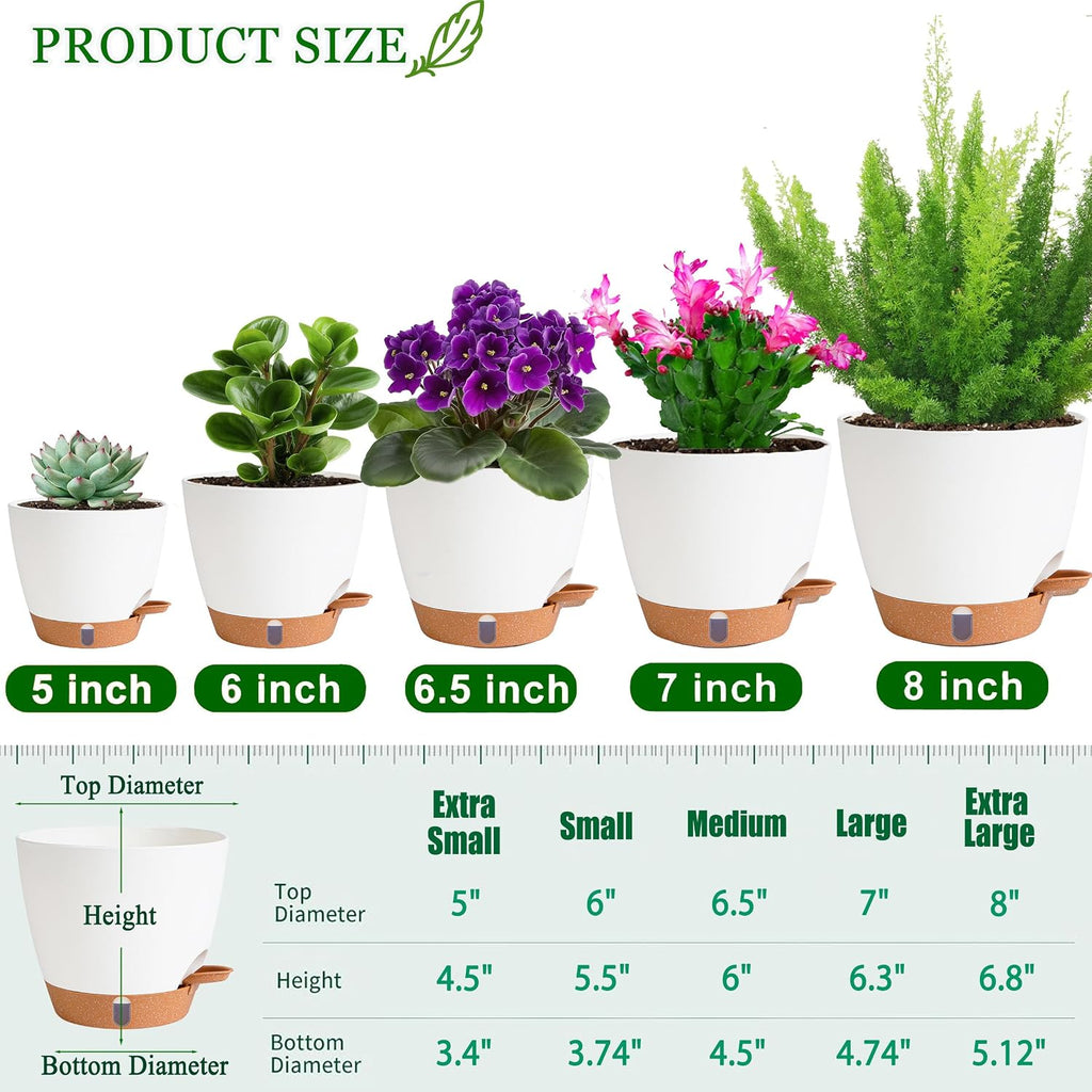 Self Watering Pots for Inoor Ourdoor Plants 8/7/6.5/6/5" Plastic Planters | Drainage Holes & Water Level Indicator