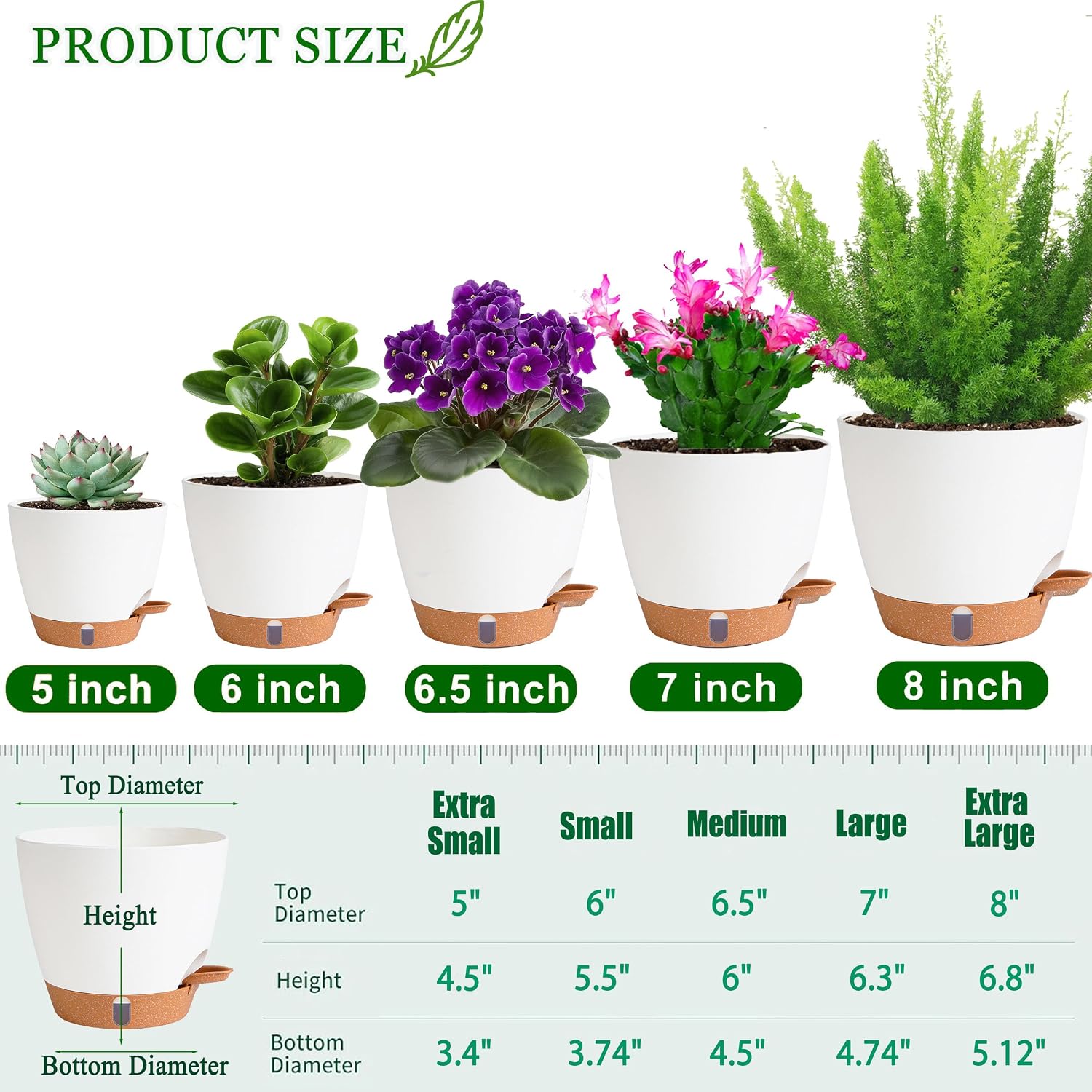 Self Watering Pots for Inoor Ourdoor Plants 8/7/6.5/6/5" Plastic Planters | Drainage Holes & Water Level Indicator