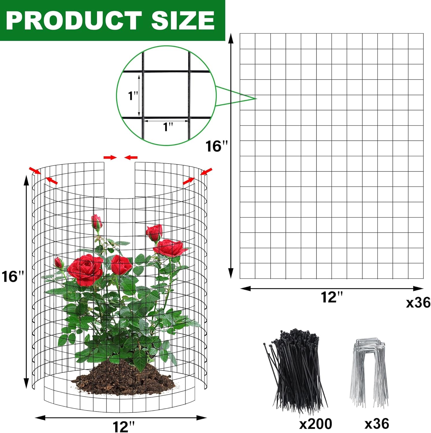 winemana 12 Set Garden Plant Protector Cage,36 Pcs 16x12 in Metal Wire Protectors for Plants Protection Cages with